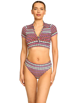 Robin Piccone Freya T-Shirt Plunge-Freya High-Waist Bikini in Navy/Red (270509-NVR-270569-NVR)