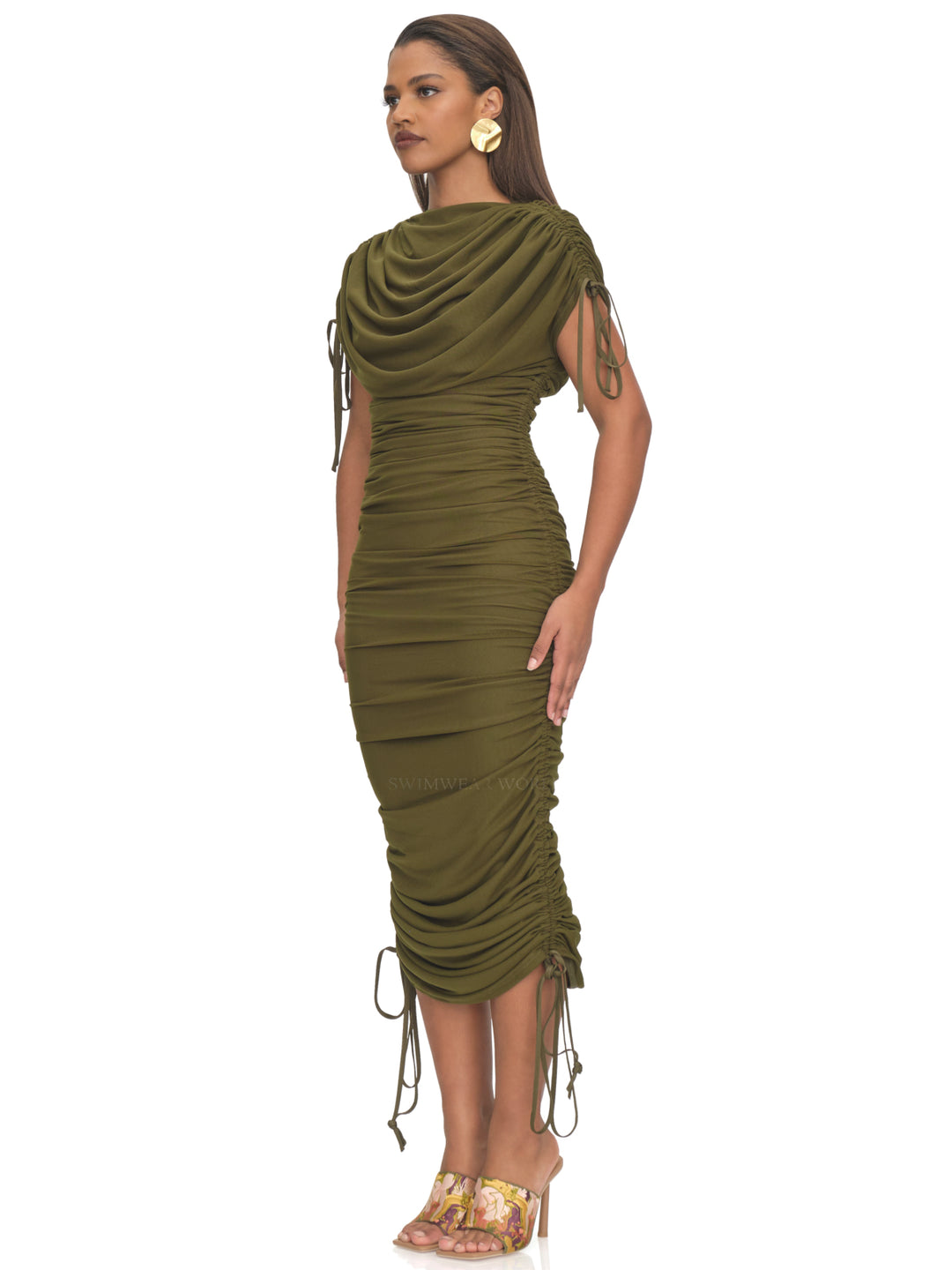 retro midi dress Vintage 1950s Short Sleeve Green Linen Midi Dress 3482 Green / XL