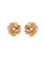 Ettika: Golden Petals and Pearl 18k Gold Plated Stud Earrings (E4354.PRL.G)