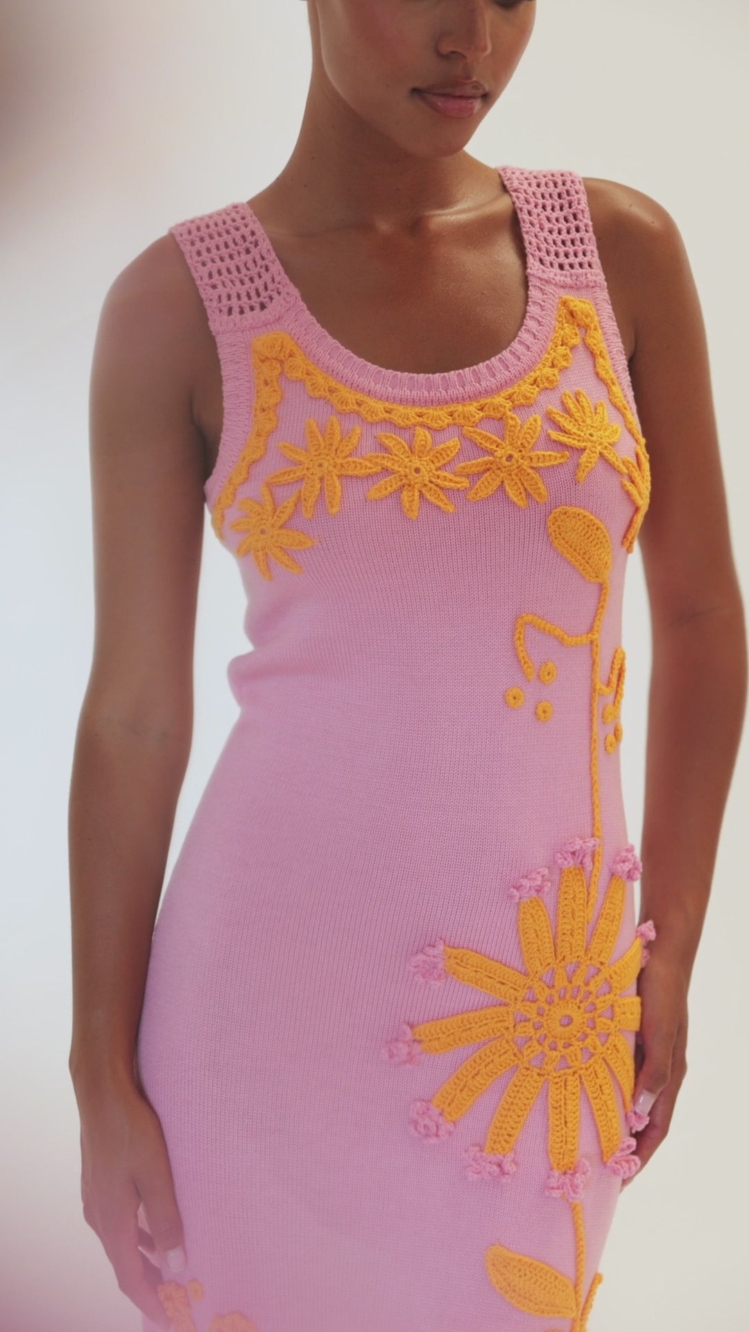 Andreeva: Golden Daisy Knit Dress With Handmade Embroidery (26021)